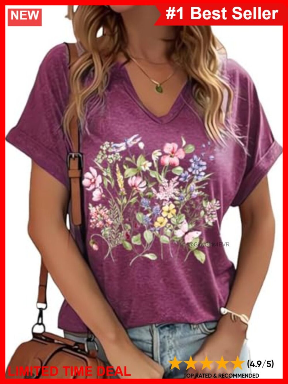 Boho Floral V-Neck Graphic Tee Short Sleeve Cotton Blend T-Shirt